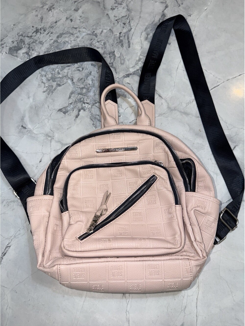 Steve Madden Blush Pink Mini Backpack Embossed Logo Faux Leather Silver Hardware
